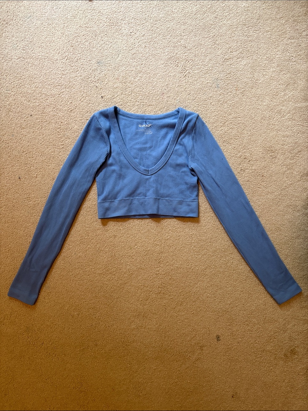 Garage Ribbed Long-Sleeve V-Neck Crop Top - Blue